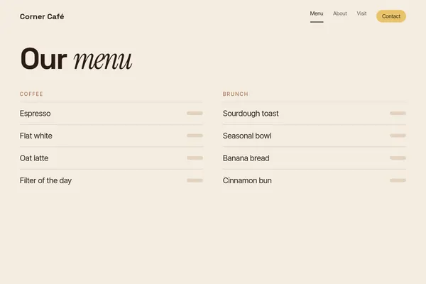 Concept menu page for Corner Café, a made-up business