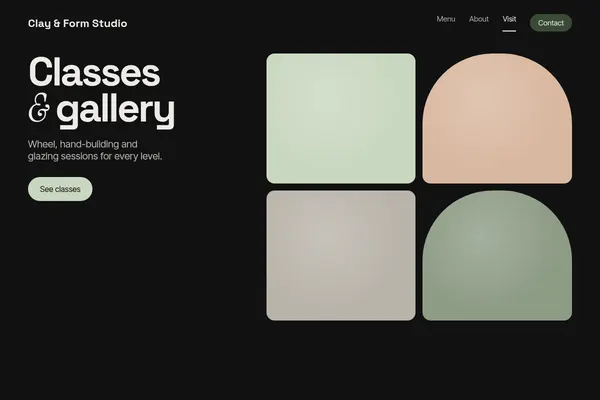Concept classes and gallery page for Clay & Form Studio, a made-up business