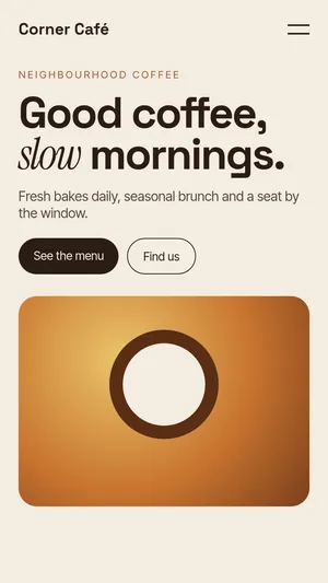 Concept café homepage on a phone screen, a made-up business